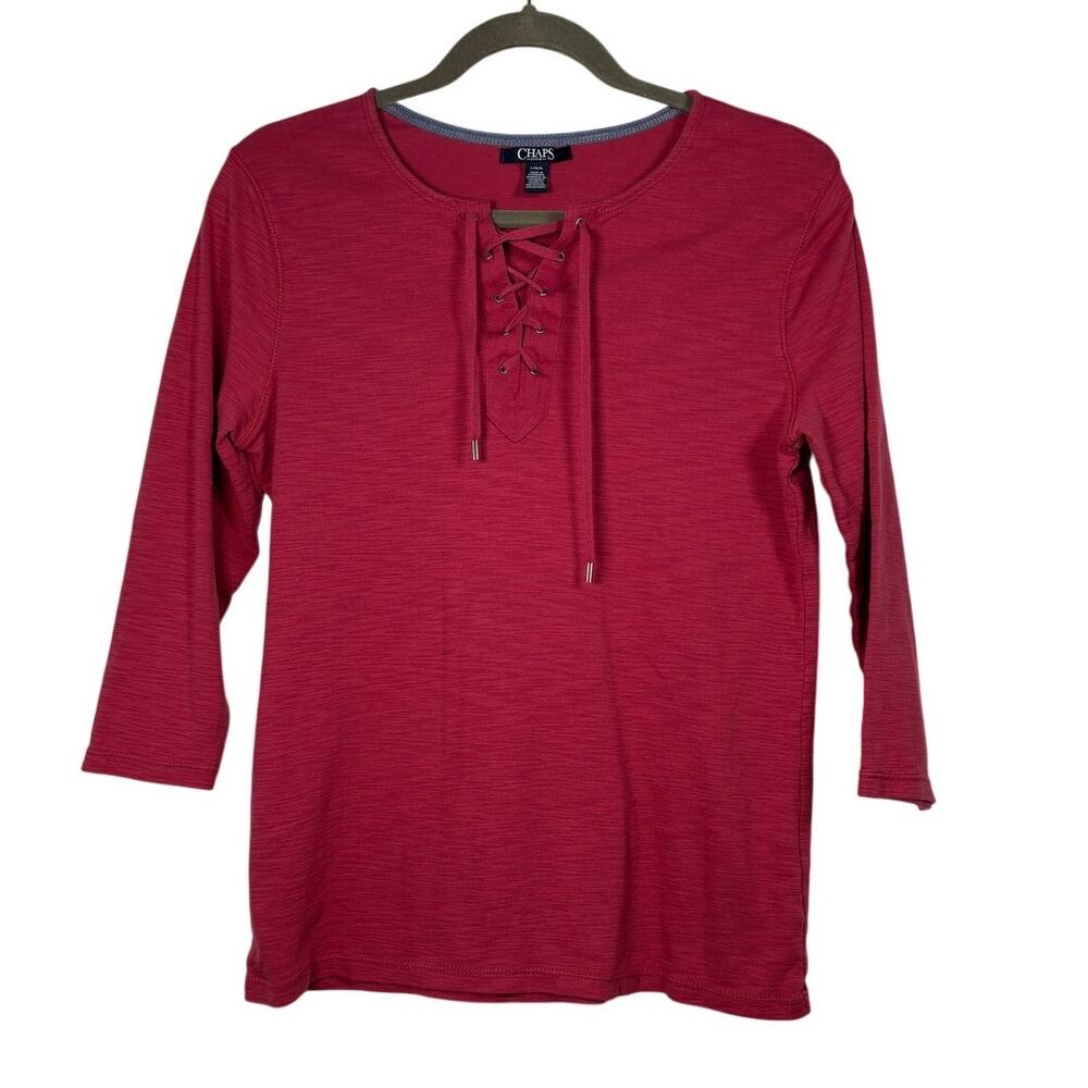 Chaps Burgundy Lace Up Front 3/4 Sleeve Top Cowgirl Western Southwest Large